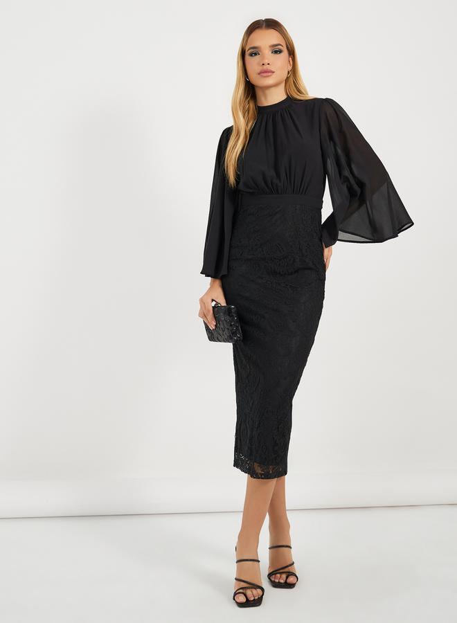 ستايلي فستان ميدي بتفاصيل دانتيل وأكمام واسعة - Image 1