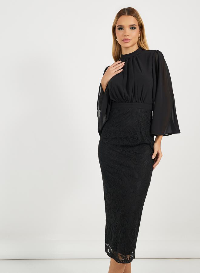 ستايلي فستان ميدي بتفاصيل دانتيل وأكمام واسعة - Image 2