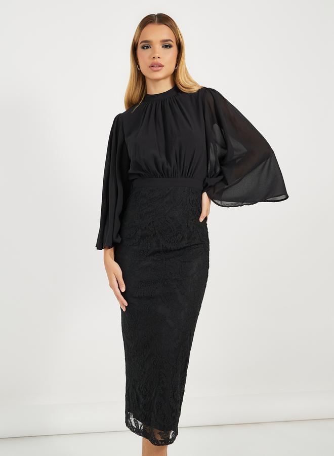 ستايلي فستان ميدي بتفاصيل دانتيل وأكمام واسعة - Image 5