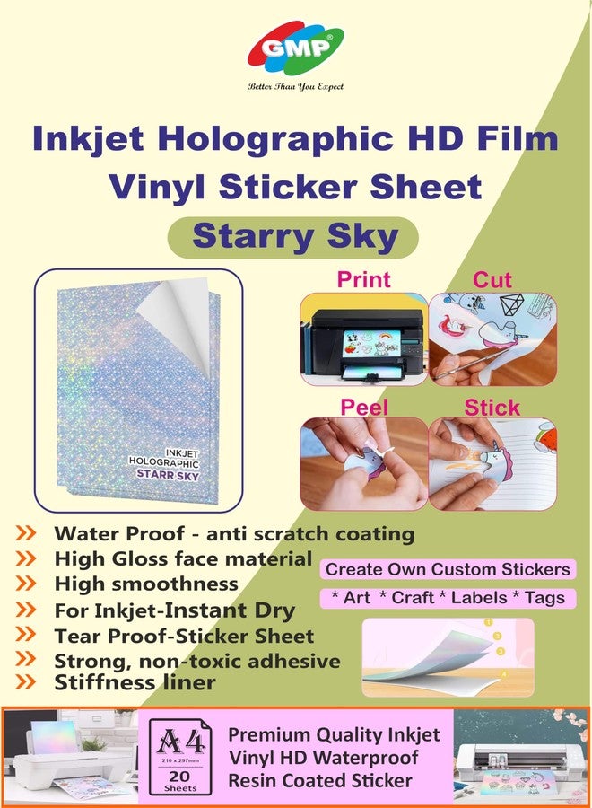 GMP Printable inkjet Printing A4 Holographic Self-Adhesive,Sticker Paper,Waterproof HD Printing Vinyl Paper for Ink Jet Printer, 20 Sheet