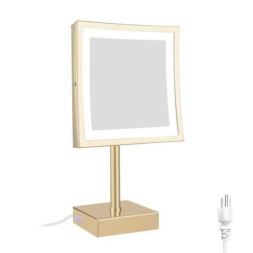 DOWRY Tabletop LED Lighted 5X Magnifying Makeup Mirror Square with Plug 8 Inch Polished Gold Finished - Image 1