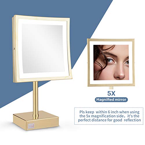 DOWRY Tabletop LED Lighted 5X Magnifying Makeup Mirror Square with Plug 8 Inch Polished Gold Finished - Image 2