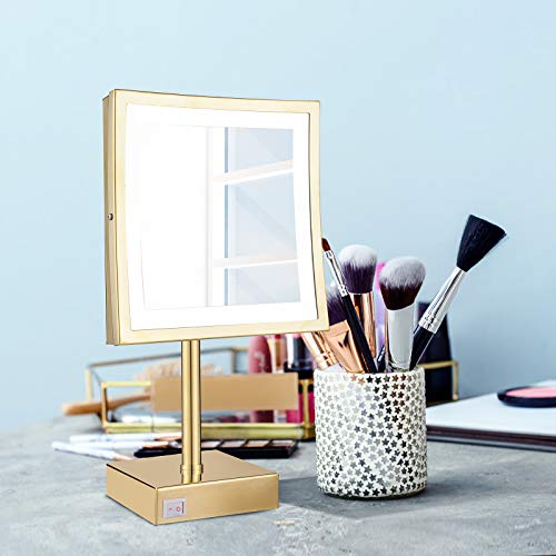 DOWRY Tabletop LED Lighted 5X Magnifying Makeup Mirror Square with Plug 8 Inch Polished Gold Finished - Image 5