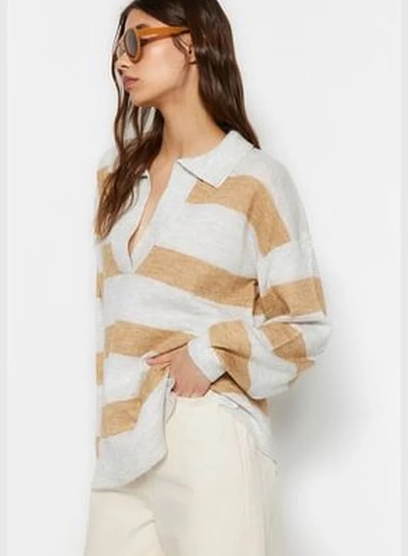 trendyol Wide fit in ecru. A Soft Textured Color Block Knitwear Sweater TWOAW23KZ00688.