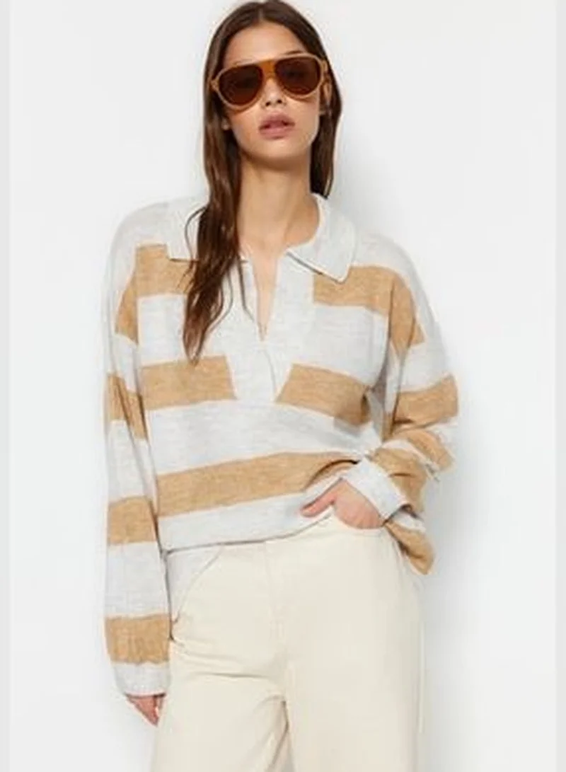 trendyol Wide fit in ecru. A Soft Textured Color Block Knitwear Sweater TWOAW23KZ00688.