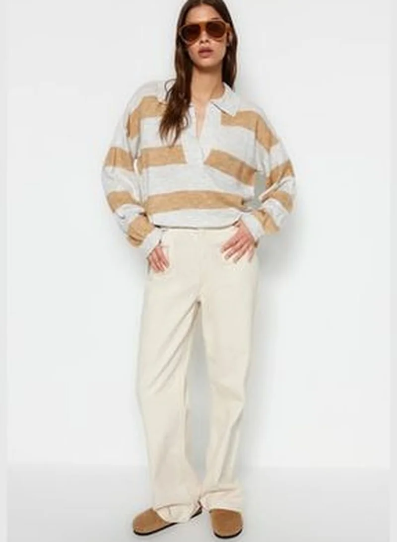 trendyol Wide fit in ecru. A Soft Textured Color Block Knitwear Sweater TWOAW23KZ00688.