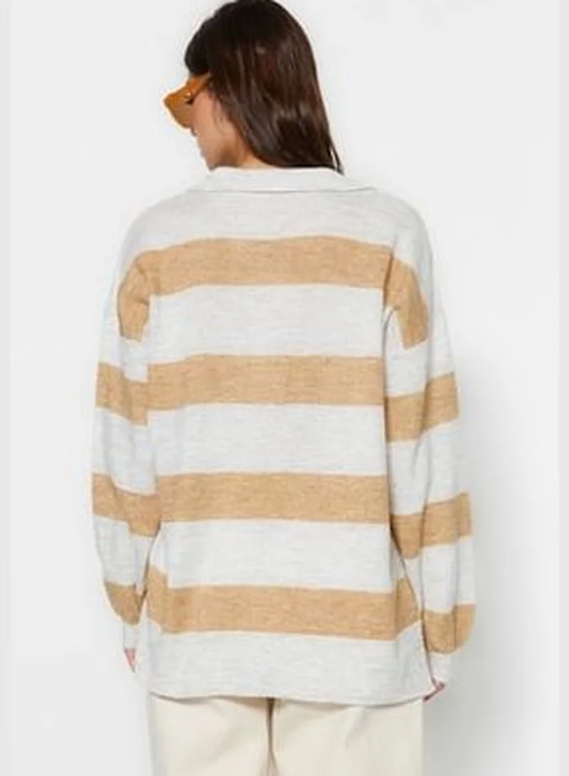 trendyol Wide fit in ecru. A Soft Textured Color Block Knitwear Sweater TWOAW23KZ00688.
