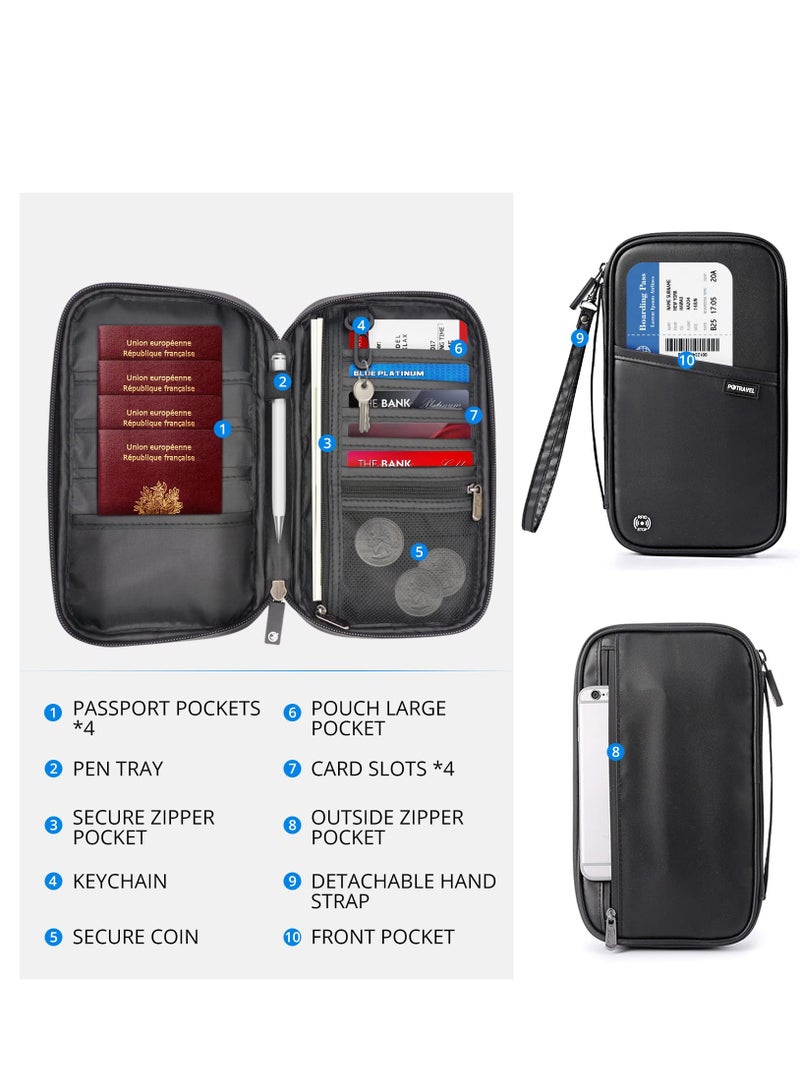 RFID Blocking Waterproof Travel Document Holder Wallet for Men and Women - Organiser for Passport, ID Cards, Credit Cards, Flight Tickets, Cash, Coins, and Phone - Black - Image 3