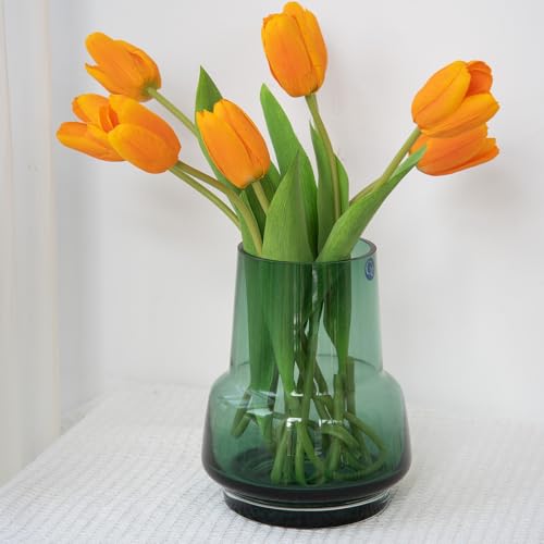 Relexome Green Glass Flower Vase for Centerpieces Bouquet Flowers Modern Wide Mouth Glass Vase Decorative Bud Vases for Home Decor, Living Room, Kitchen, Dining Table, Entryway 7.3 Inch - Image 5