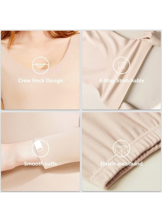 GGEROU Women Thermal Underwear Set,Women Thermal Base Layer Long Sleeve,Seamless Elastic Thermal Underwear,Women Round Neck Long-Sleeved Set Khaki  - Image 5