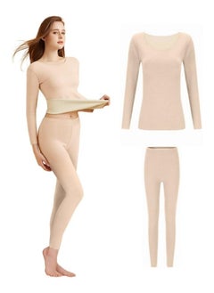 GGEROU Women Thermal Underwear Set,Women Thermal Base Layer Long Sleeve,Seamless Elastic Thermal Underwear,Women Round Neck Long-Sleeved Set Khaki  - Image 4