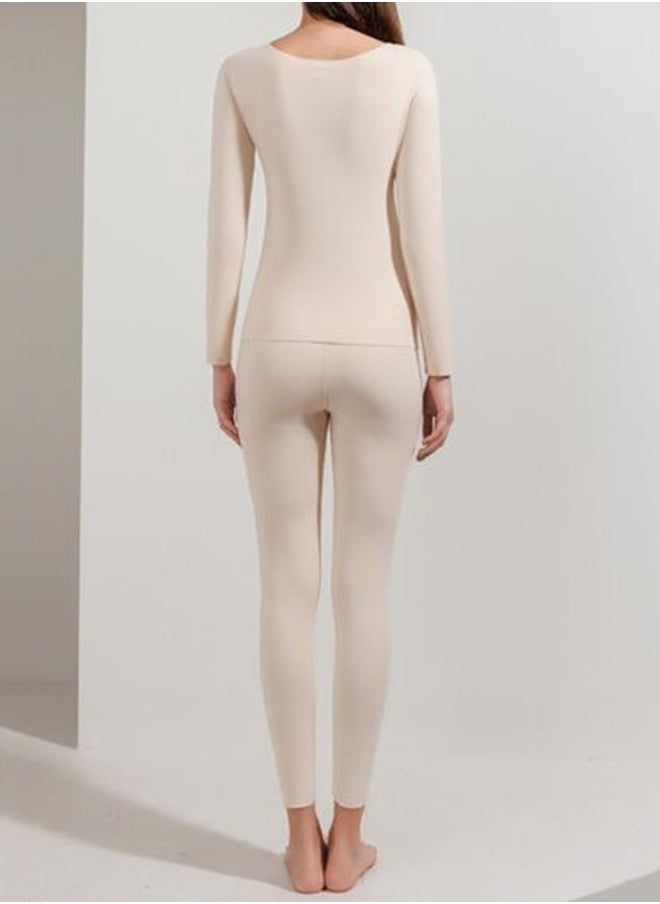 GGEROU Women Thermal Underwear Set,Women Thermal Base Layer Long Sleeve,Seamless Elastic Thermal Underwear,Women Round Neck Long-Sleeved Set Khaki  - Image 3
