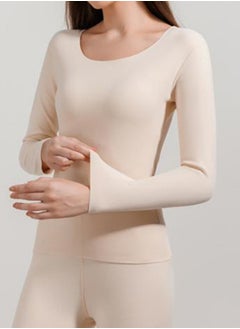 GGEROU Women Thermal Underwear Set,Women Thermal Base Layer Long Sleeve,Seamless Elastic Thermal Underwear,Women Round Neck Long-Sleeved Set Khaki  - Image 2