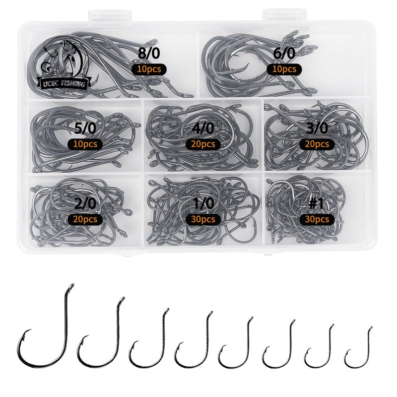 UCEC Circle Hooks Fishing Hooks 2X Strong Offset Circle Hooks Saltwater Black High Carbon Steel Octopus Catfish Fishing Hooks Fishing Gear Tackle 150pcs/ 240pcs - Size:#1 1/0 2/0 3/0 4/0 5/0 6/0 8/0 - Image 1