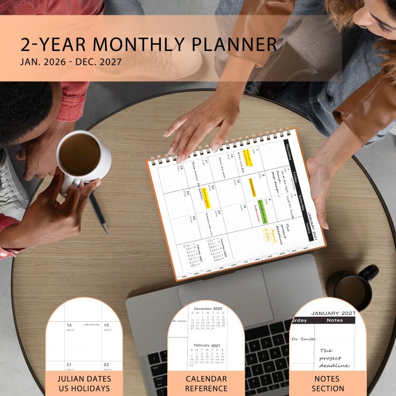 Ymumuda 2026 Planner-2 Year Monthly Planner 2026-2027, JAN.2026 - DEC.2027, 8.5" x 11", 26-27 Monthly Calendar,Large Planner with Spiral Bound, 24 Months Perfect for School Office Schedule - Orange - Image 2