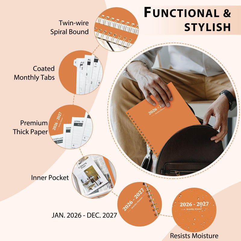 Ymumuda 2026 Planner-2 Year Monthly Planner 2026-2027, JAN.2026 - DEC.2027, 8.5" x 11", 26-27 Monthly Calendar,Large Planner with Spiral Bound, 24 Months Perfect for School Office Schedule - Orange - Image 4