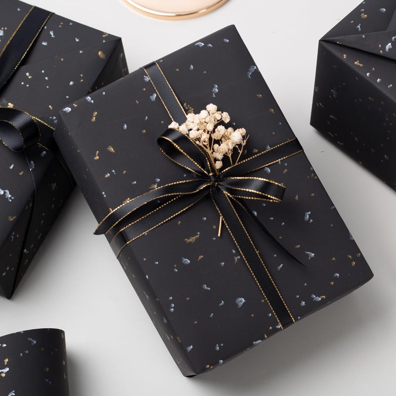 MAYPLUSS Wrapping Paper Roll - 17in x 16.5Ft - Luxury Thick Black Gold Foil Flakes Marvelous Satin Texture Matte Gift Wrap Paper for Birthdays, Anniversaries, Christmas, Father's Day - Image 2