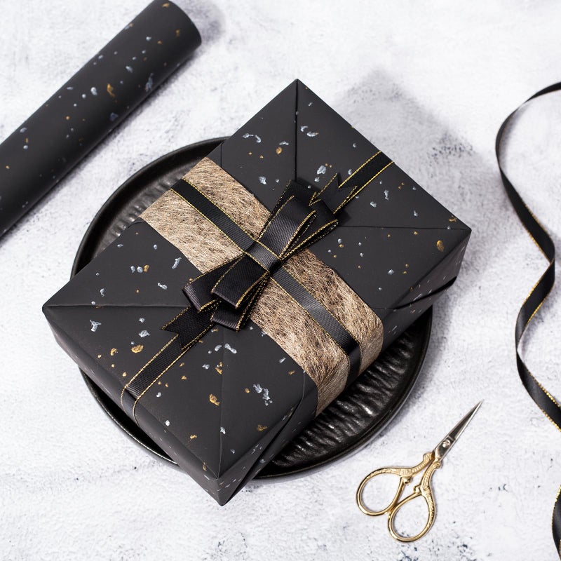 MAYPLUSS Wrapping Paper Roll - 17in x 16.5Ft - Luxury Thick Black Gold Foil Flakes Marvelous Satin Texture Matte Gift Wrap Paper for Birthdays, Anniversaries, Christmas, Father's Day - Image 3