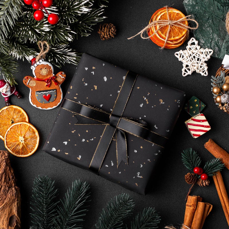 MAYPLUSS Wrapping Paper Roll - 17in x 16.5Ft - Luxury Thick Black Gold Foil Flakes Marvelous Satin Texture Matte Gift Wrap Paper for Birthdays, Anniversaries, Christmas, Father's Day - Image 4