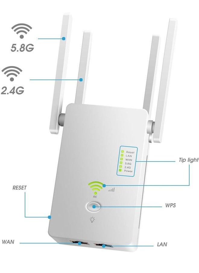 LINJIE - WiFi Extender, Wireless Internet Repeater， With Up to 8000 Square Feet Of Coverage, 1.2Gbps Dual Band 2.4G/5G WiFi Range Extender WiFi Booster And Signal Amplifier - Image 1