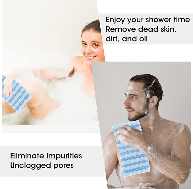Sibba 1 PC Back Scrubber Cloth Loofah Shower Exfoliating Body Foot Scrub Brush Cleaning Shower Washer Towel Exfoliator Long Handle Hand Wash Massage Bar Soap Foams Up BathBlue