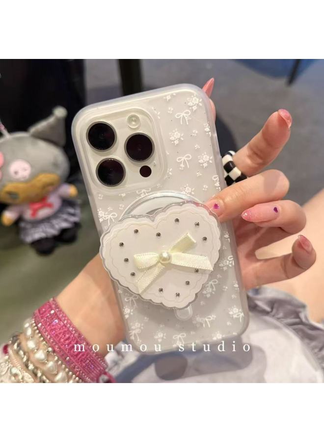 Korean-style Simple White Floral Bow Heart-shaped Iphone 17 Phone Case 16/15 Magnetic Stand 14/13/12
