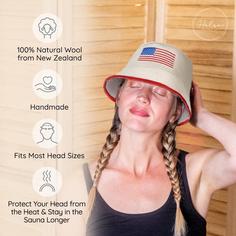 Halsa Sauna Hat, Natural Wool Sauna Cap for Men and Women, USA Flag, Eco-Friendly Insulating Headgear for Spa, Steam Room, Banya, Bathhouse - Comfortable, Breathable, Handmade - One Size Fits All - Image 2
