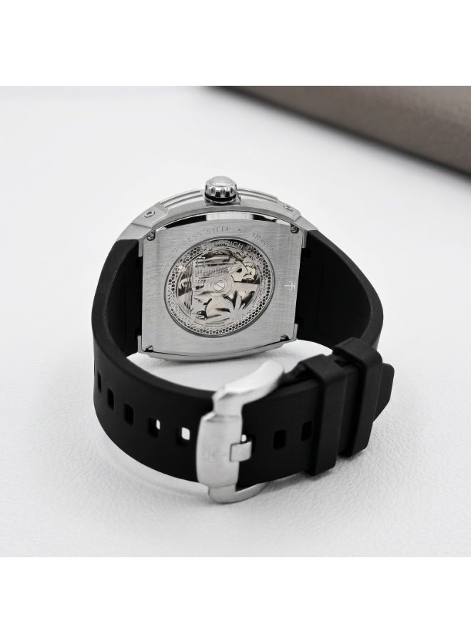 TOMRICH Apex X TR6603 Automatic Skeleton Watch for Men, 44mm Tonneau Stainless Steel Case, Black Silicone Strap, 5ATM Water Resistant, Mineral Glass, Silver/Black - Image 2