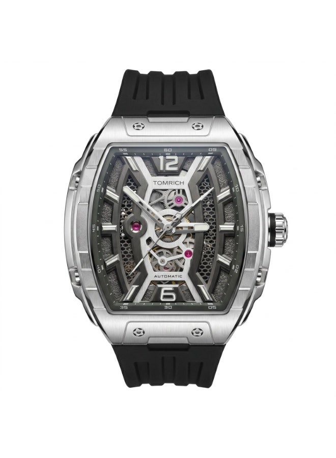TOMRICH Apex X TR6603 Automatic Skeleton Watch for Men, 44mm Tonneau Stainless Steel Case, Black Silicone Strap, 5ATM Water Resistant, Mineral Glass, Silver/Black - Image 1