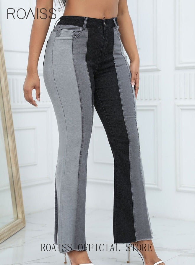 roaiss Plus Size Women Denim Pants Patchwork Fabric Wide Leg Flared Trousers Leg Flattering Design Fashionable and Versatile Suitable for School and Commuting - Image 4