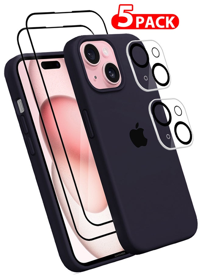CATANES - 5 Packs For iPhone 15 Case 2 Screen Protectors and 2 Camera Lens Protectors Upgrade Defender Silicone Cover Shockproof Anti-Scratch Protective Phone Case Dark Blue - Image 1