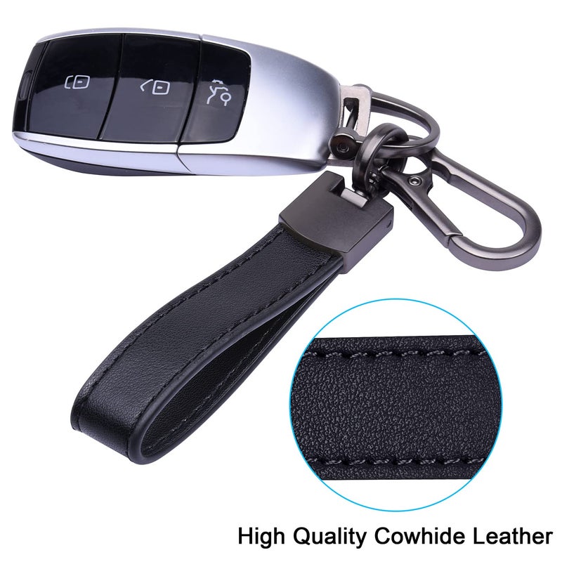 wisdompro Genuine Leather Car Keychain, Universal Key Fob Keychain Leather Key Chain Holder, 360 Degree Rotatable, with Anti-lost D-ring, 3 Keyrings - Black (Carabiner Clip),5 inches - Image 2