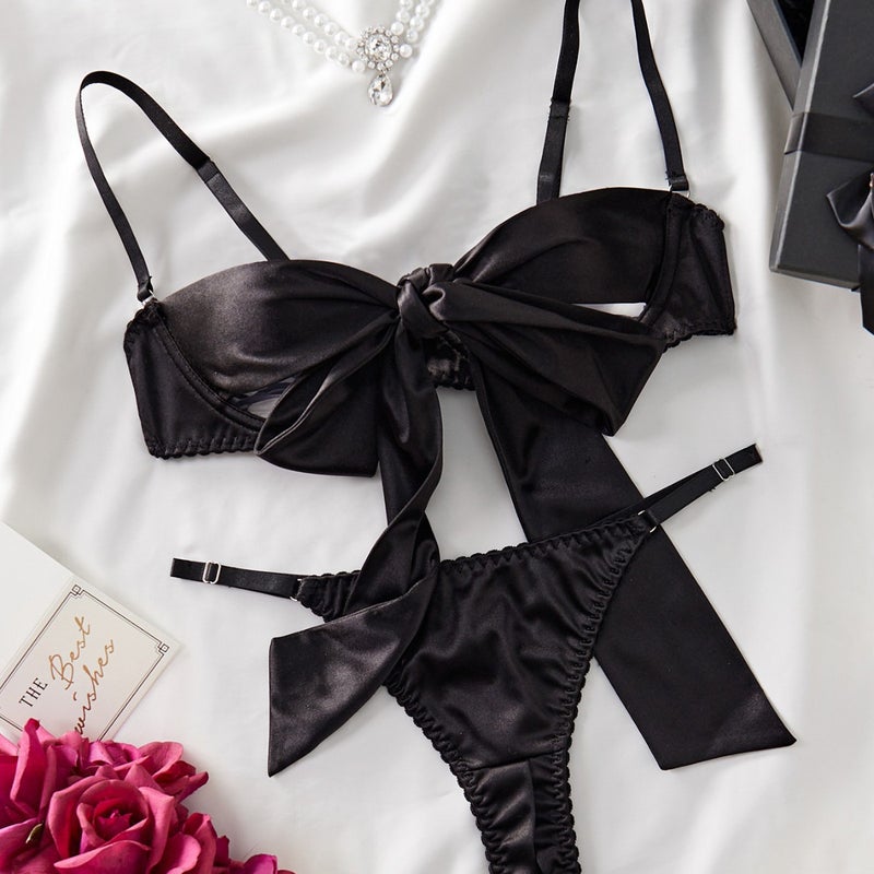 AliExpress New Sexy Bra Bow Fun Suit Black Hollow Butterfly Knot Lace Underwear Set - Image 1