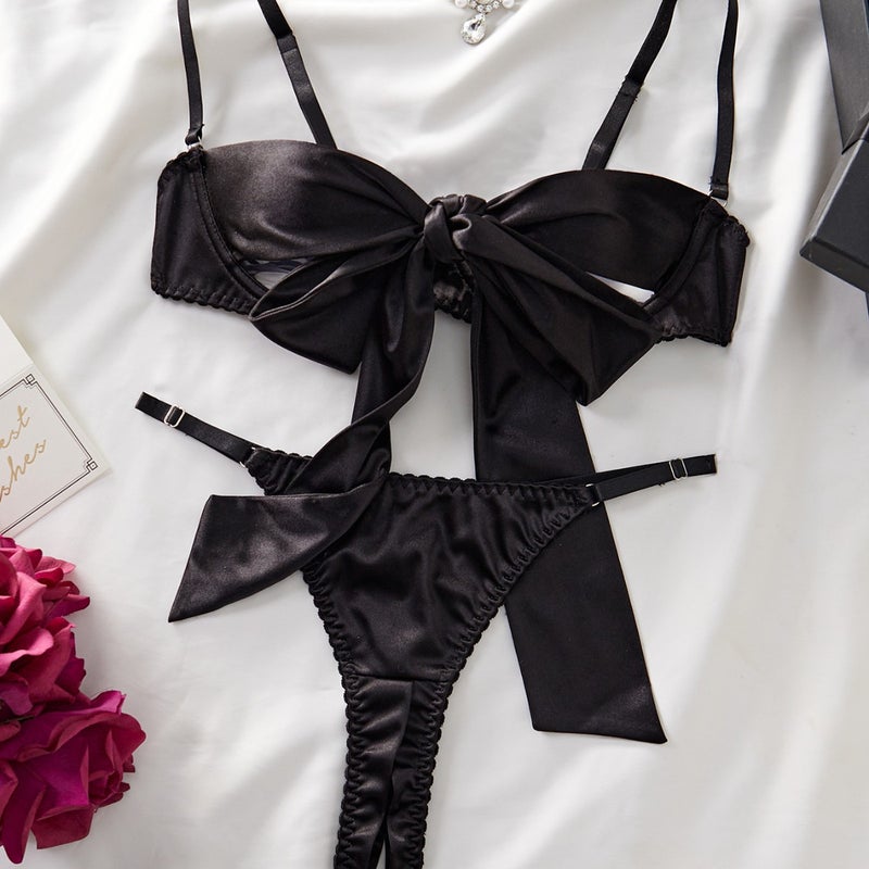 AliExpress New Sexy Bra Bow Fun Suit Black Hollow Butterfly Knot Lace Underwear Set - Image 2