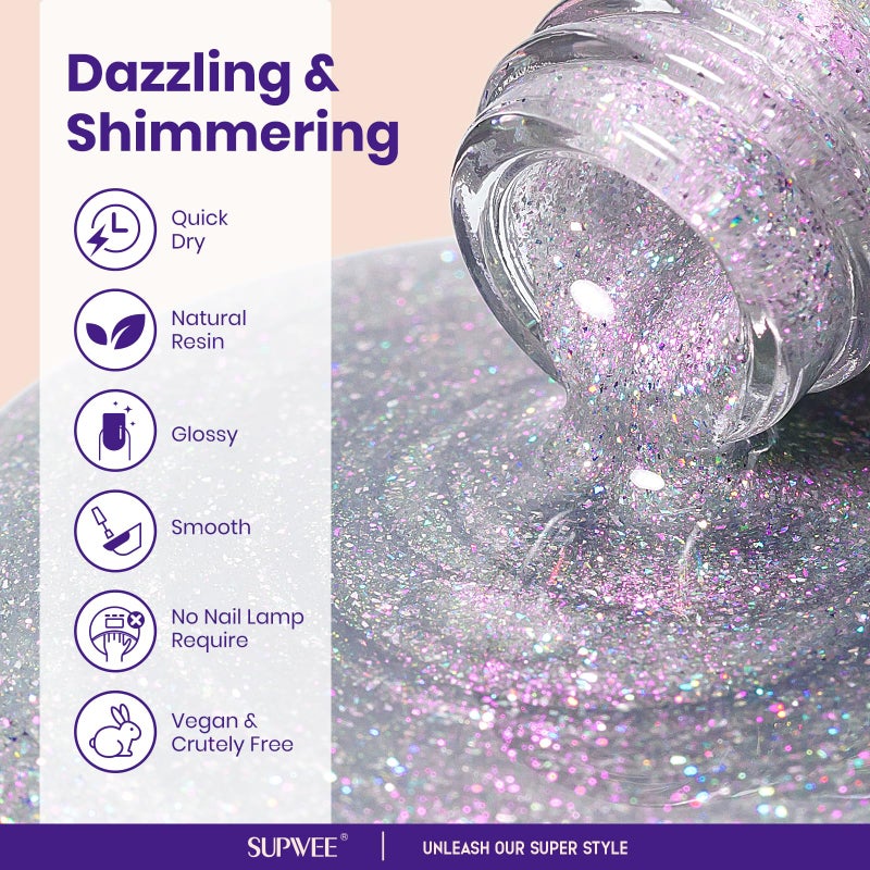 SUPWEE Glitter Holographic Nail Polish Quick Dry High Glossy Shiny Shimmer Nail Polish Oil-based Holo Fingernail and Toenail Air Dry Fast Beauty Art Manicure Gift For Women Girls 16ml, 0.54fl oz - Image 5