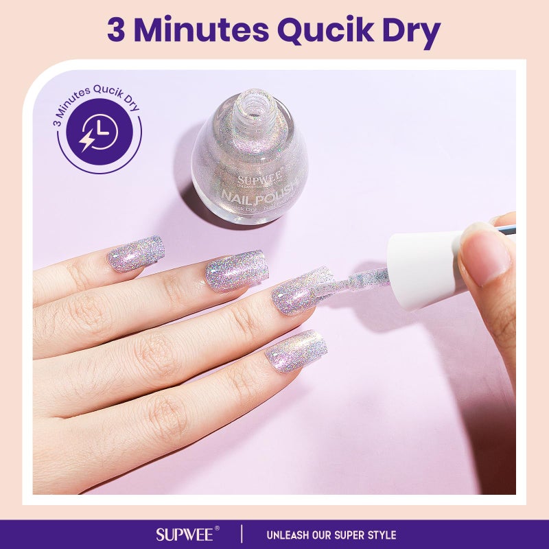 SUPWEE Glitter Holographic Nail Polish Quick Dry High Glossy Shiny Shimmer Nail Polish Oil-based Holo Fingernail and Toenail Air Dry Fast Beauty Art Manicure Gift For Women Girls 16ml, 0.54fl oz - Image 4