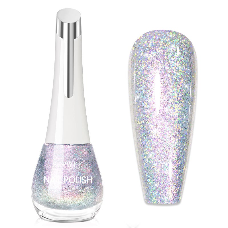 SUPWEE Glitter Holographic Nail Polish Quick Dry High Glossy Shiny Shimmer Nail Polish Oil-based Holo Fingernail and Toenail Air Dry Fast Beauty Art Manicure Gift For Women Girls 16ml, 0.54fl oz - Image 1