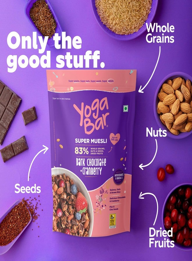 Yogabar Wholegrain Breakfast Muesli - Dark Chocolate + Cranberry, 700g (Pack of 2) (Super Saver Pack) | Healthy Cereals | Granola | Gluten Free | Antioxidant & Protein Rich - Image 3