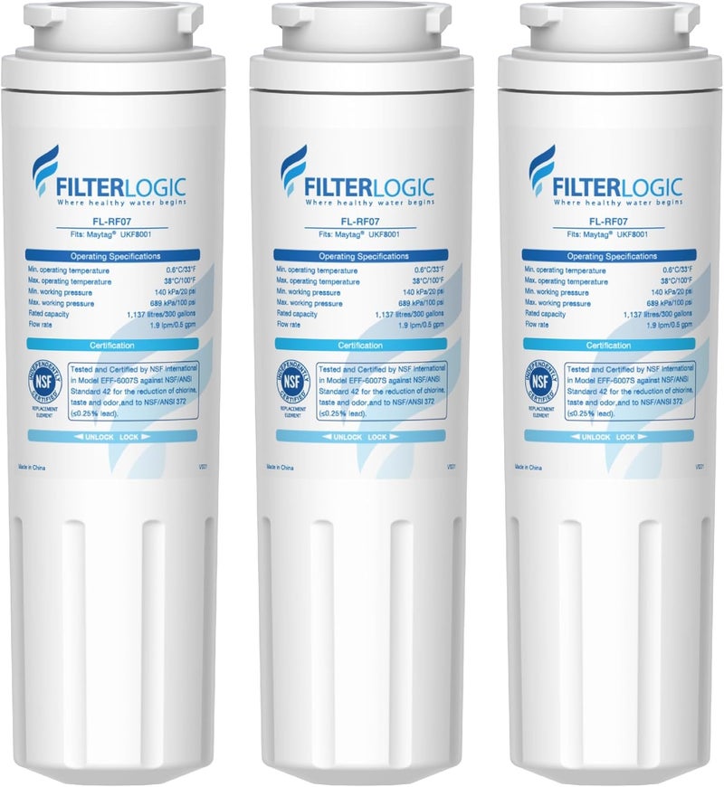 Filterlogic UKF8001 Replacement for EveryDrop® Filter 4, Whirlpool® EDR4RXD1, Maytag® 4396395, UKF8001AXX-200, UKF8001AXX-750, 46-9006, Puriclean II, FL-RF07, Refrigerator Water Filter, Pack of 3 - Image 1