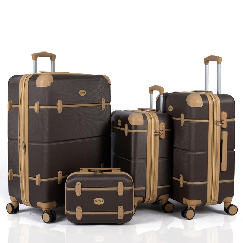 Classic, elegant 4-piece hard-shell luggage set with a brown frame. Durable, lightweight ABS material with extra expansion, Coffee - Image 1