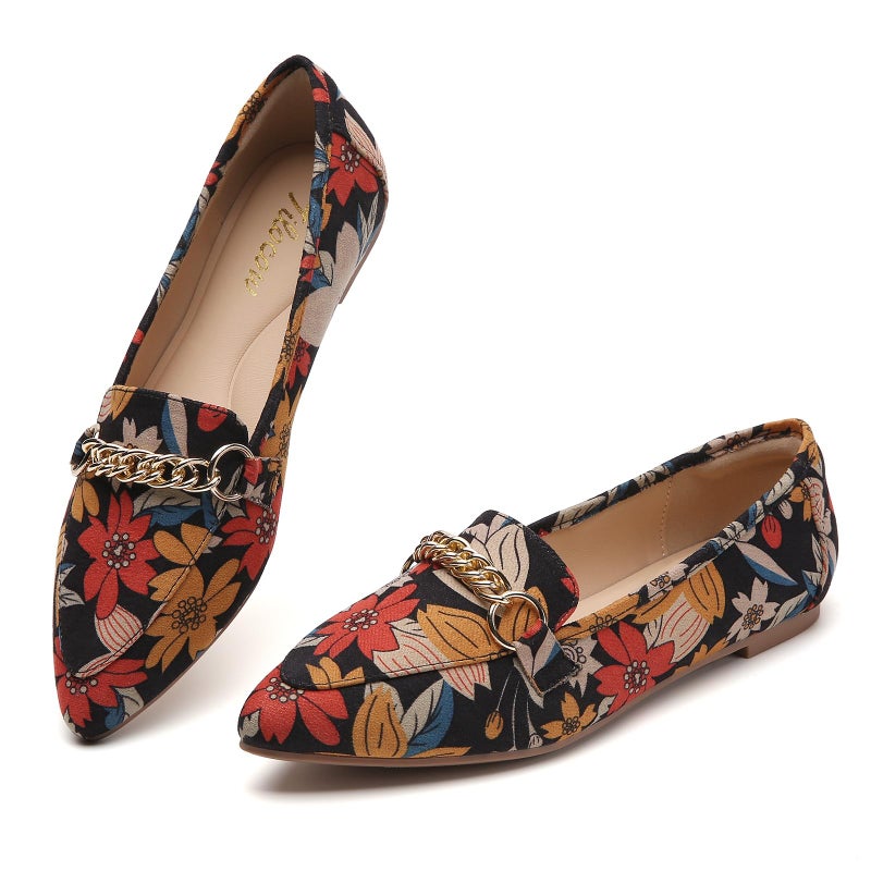 Tilocow Metal Chain Floral Loafers for Women Pointed Toe Slip on Flats Comfortable Fashion Work Shoes Size 7 - Image 1