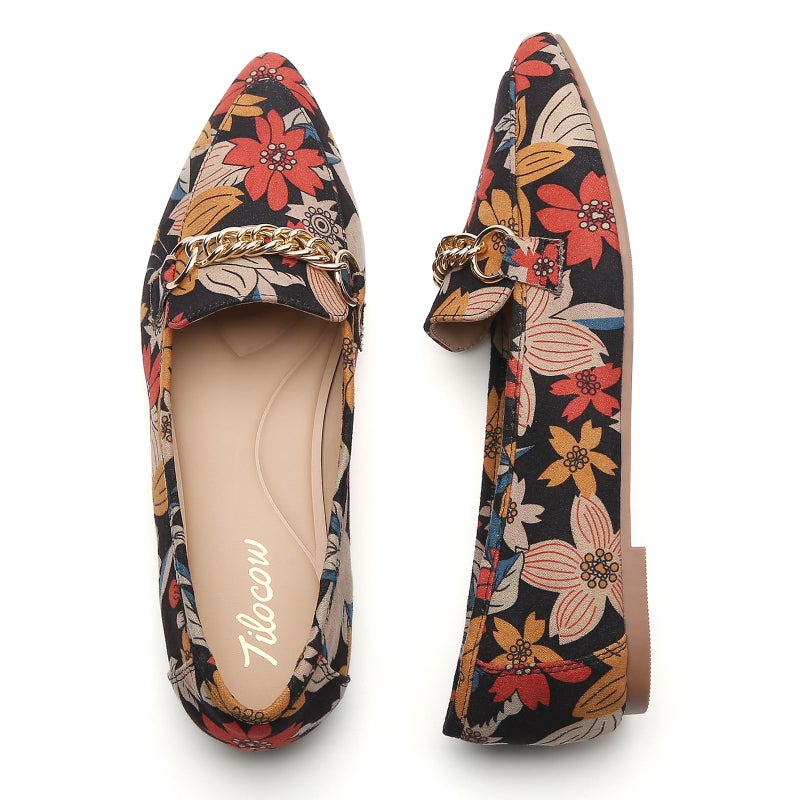 Tilocow Metal Chain Floral Loafers for Women Pointed Toe Slip on Flats Comfortable Fashion Work Shoes Size 7 - Image 4
