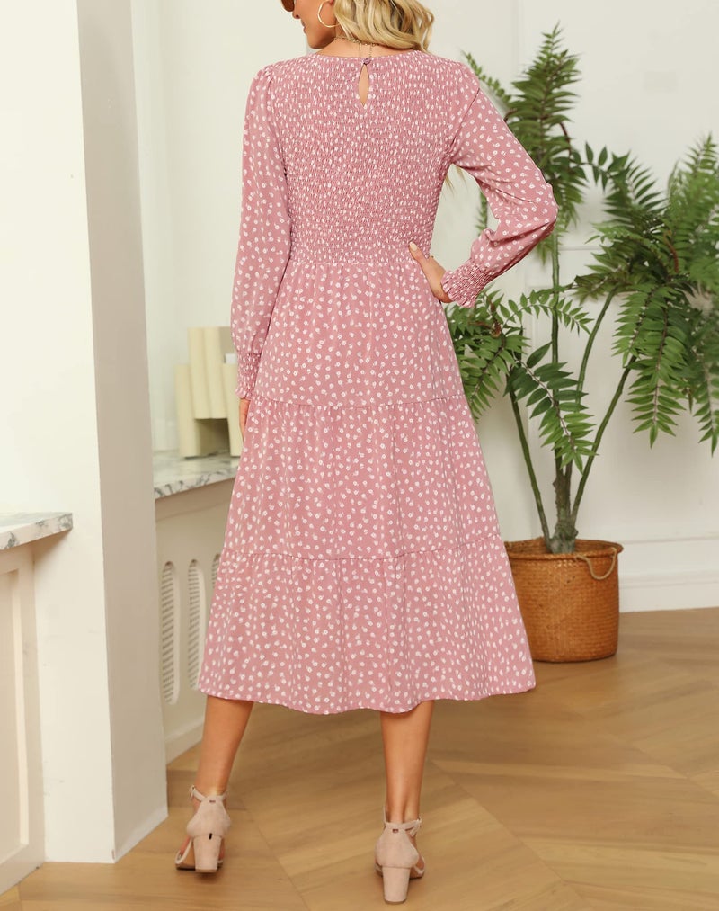 Zattcas Womens Dresses Spring 2024 Wedding Guest Dresses Long Sleeve Boho Floral Smocked Tiered Flowy Modest Work Church Winter Dress Mauve Floral M - Image 4