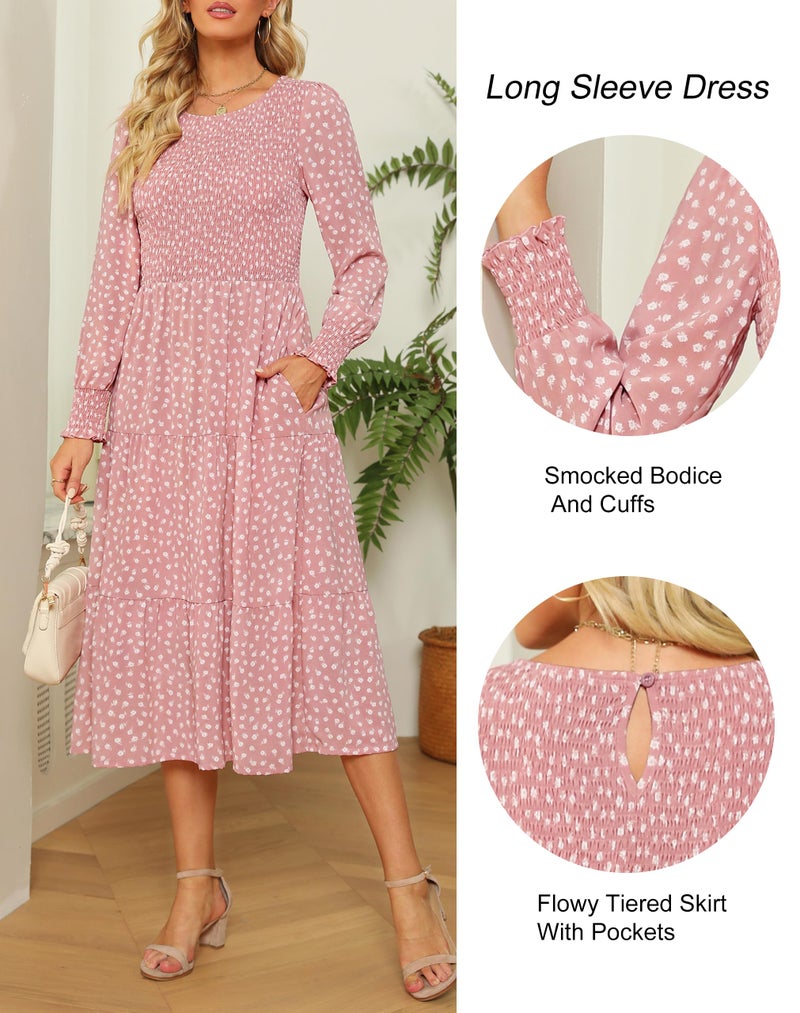 Zattcas Womens Dresses Spring 2024 Wedding Guest Dresses Long Sleeve Boho Floral Smocked Tiered Flowy Modest Work Church Winter Dress Mauve Floral M - Image 2