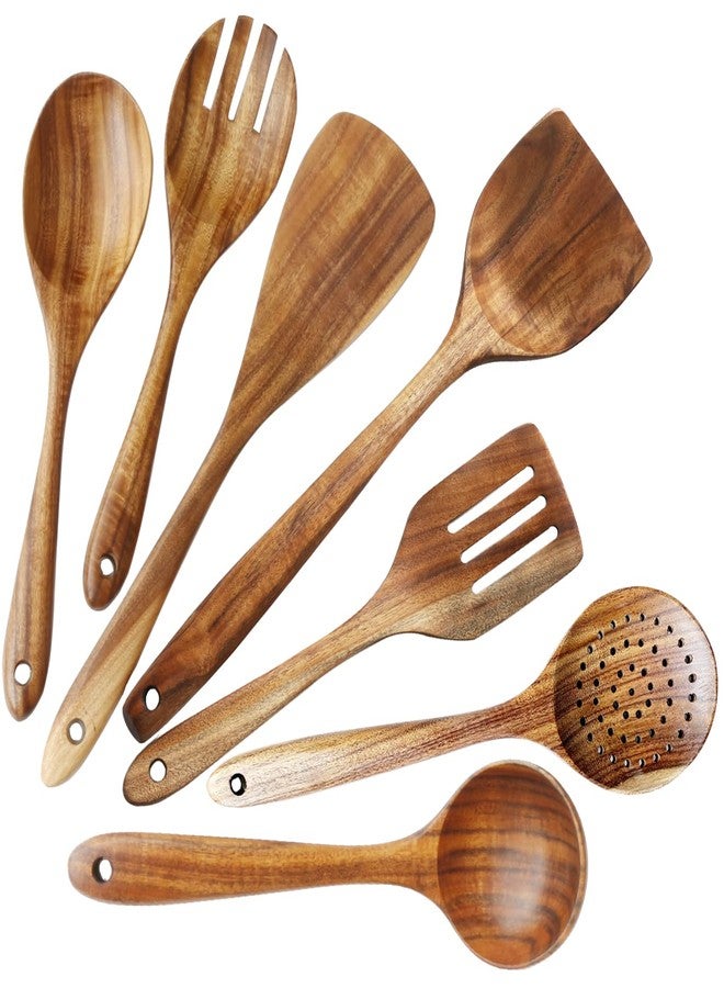 ADLORYEA Wooden Spoons for Cooking, ADLORYEA Wood Kitchen Utensils Set, Natural Teak Wooden Cooking Utensils set for Nonstick Cookware, 7-Piece Sturdy Eco-friendly and Healthy Wooden Spatula for Cooking - Image 1