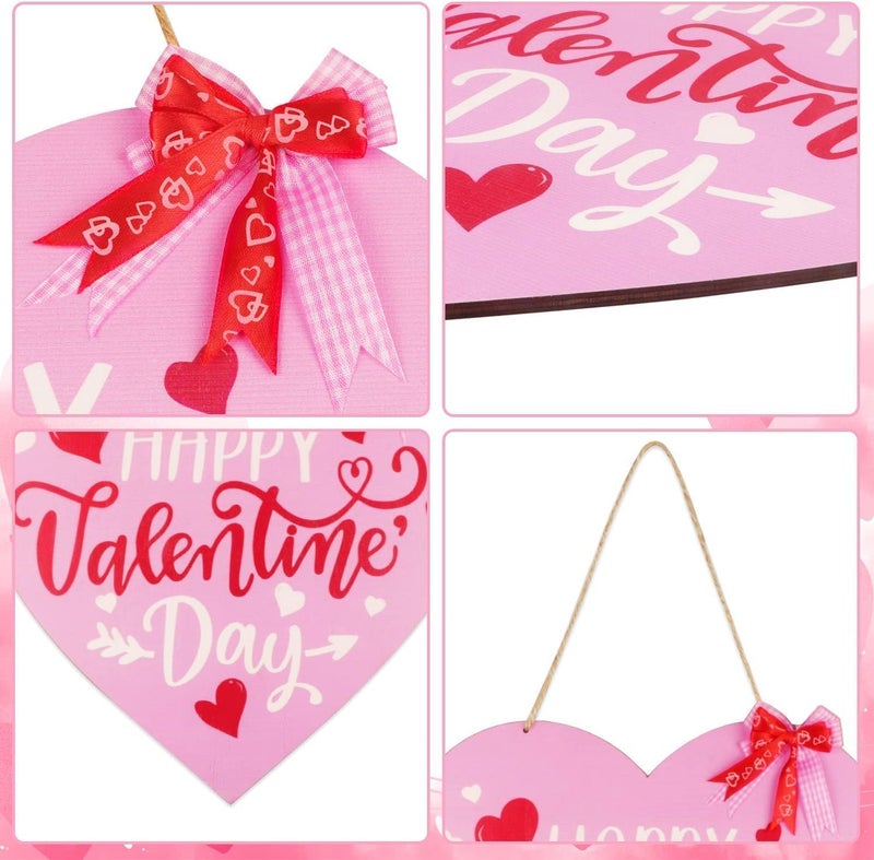 Fangoo Pink Valentines Day Door Sign Valentine's Day Wooden Hanging Sign Happy Valentine's Day Wreath Sign Valentine's Day Front Door Hanging Sign for Valentine's Day Home Window Door Wall Outdoor Decor - Image 4