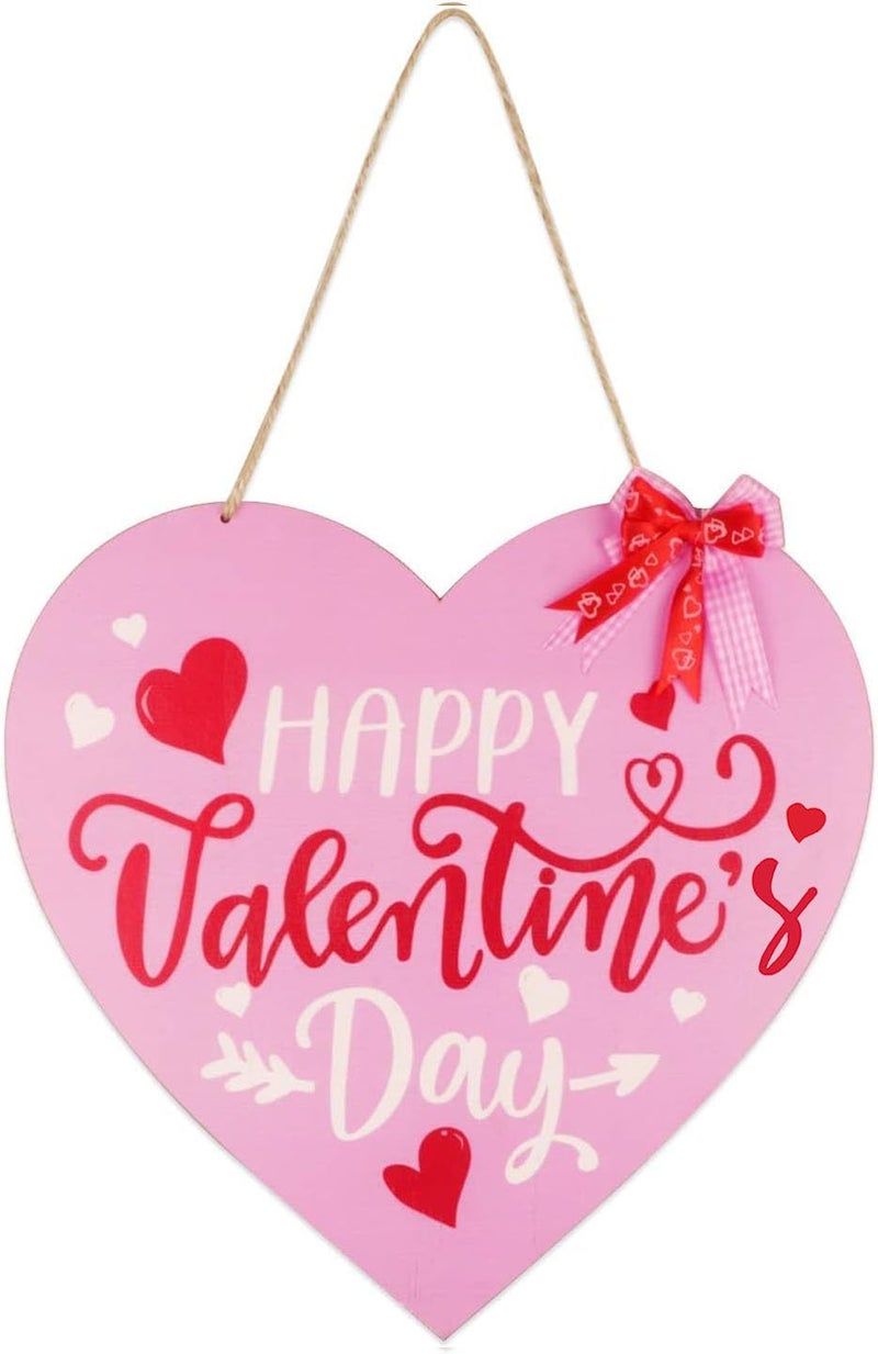 Fangoo Pink Valentines Day Door Sign Valentine's Day Wooden Hanging Sign Happy Valentine's Day Wreath Sign Valentine's Day Front Door Hanging Sign for Valentine's Day Home Window Door Wall Outdoor Decor - Image 1