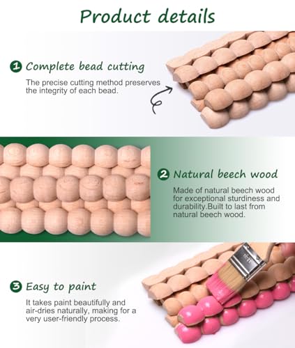 ihork 12-Piece Unfinished Wood Bead Trim Molding Set - 15.75 Inch Decorative Half Beaded Wood Trim for DIY Home Decor, Cabinets, Shelves, Walls, Windows & Doors with 3D Pearl Design (11mm) - Image 3