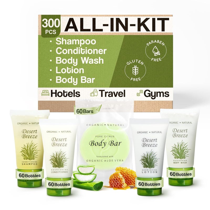 1-Shoppe All-in-Kit Desert Breeze Hotel Soaps  Toiletries Bulk Set  1Shoppe Amenities Kit  1oz Shampoo  Conditioner Body Wash Lotion Bar Soap  Travel Size  300 Pieces