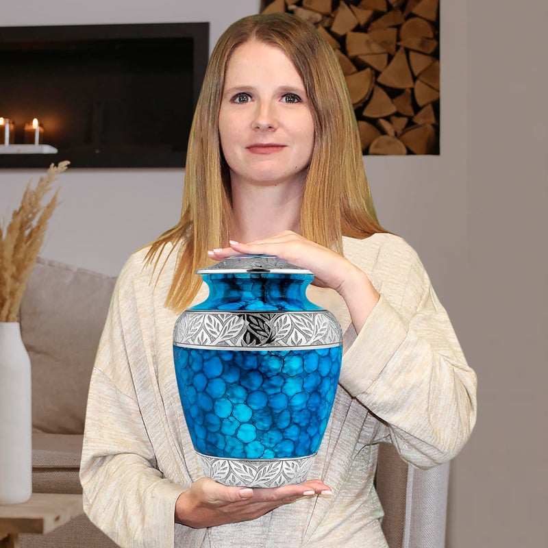 Trupoint Memorials Cremation Urns for Human Ashes, Decorative Burial Urn for Adult Men and Women, Large Light Blue with Silver Lining - Image 4